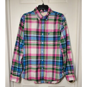 American Eagle Shirt Mens Large Green Blue Plaid Check Classic Fit Button Down
